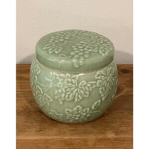 Andrea by Sadek Chopsticks Ceramic Jar with Lid Green Grape Leaf Motif Vintage